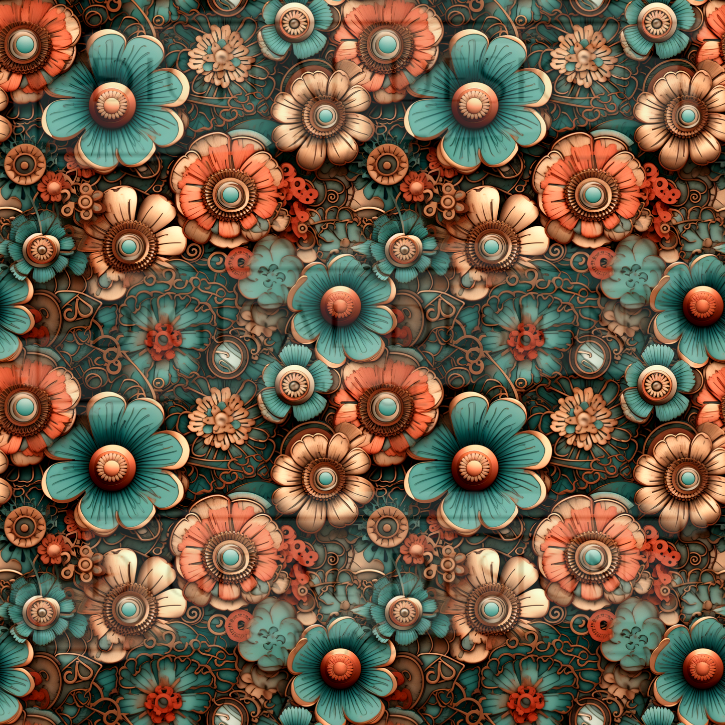 Coral and Teal Steampunk Floral VinylV2795