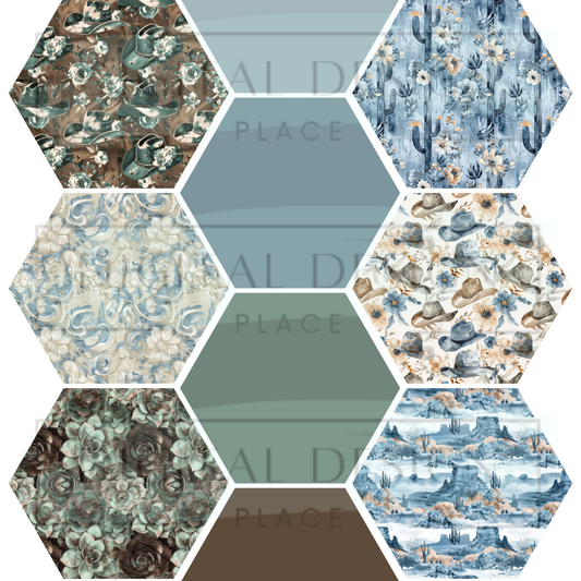 Wild West Teal Hexagon Collage Mixed Media MM8