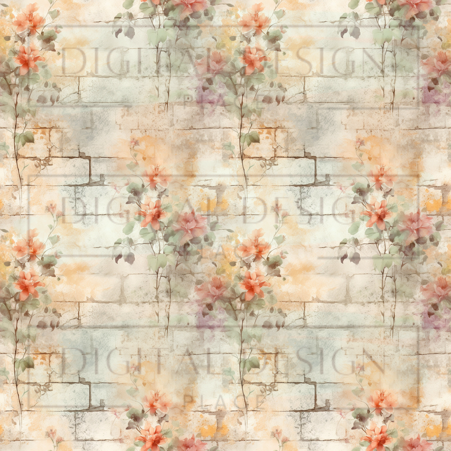 Peach Floral Brick VinylV1362