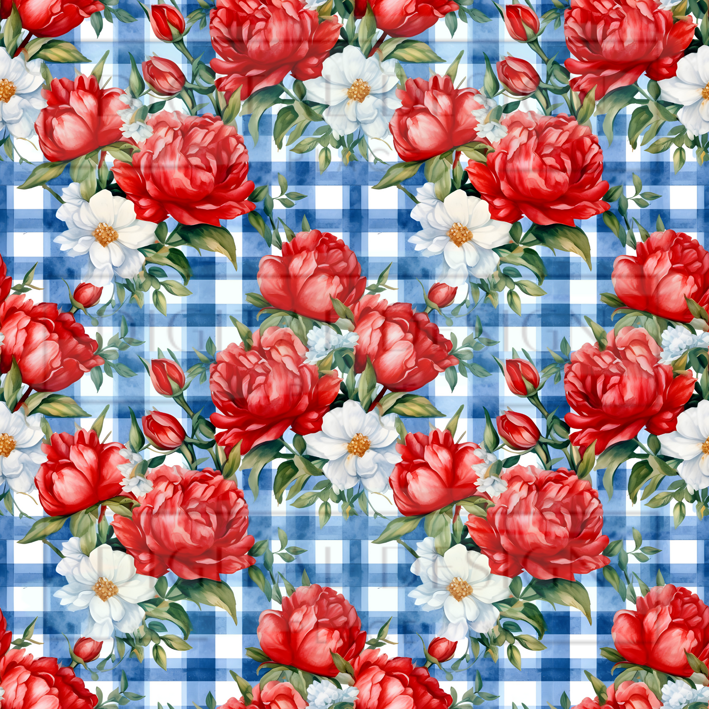 Patriotic Plaid Roses Blue VinylV1417