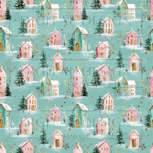 Teal and Pink Christmas Houses VinylV2602